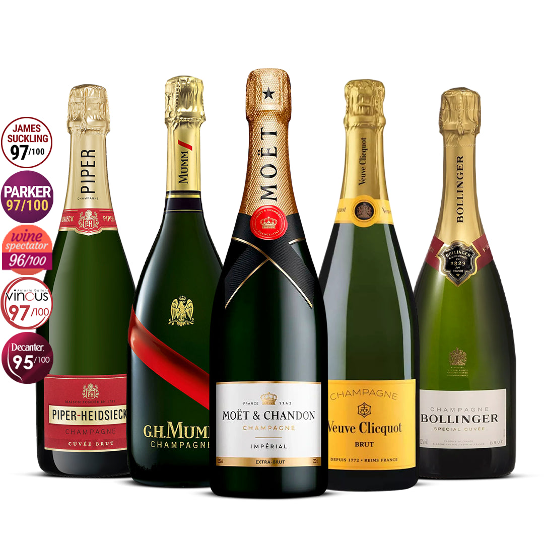 5 Champagne Set: Veuve Clicquot Brut, Moët & Chandon Impérial, Bollinger Special Cuvée, G.H. Mumm Cordon Rouge & Piper-Heidsieck Cuvée Brut 5x 750 ml