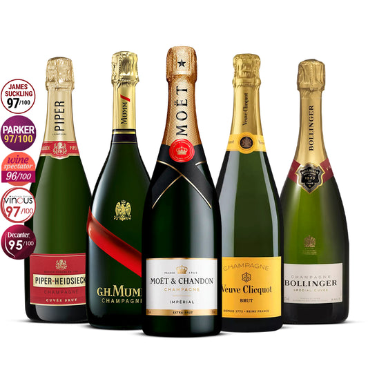 5 Champagne Set: Veuve Clicquot Brut, Moët & Chandon Impérial, Bollinger Special Cuvée, G.H. Mumm Cordon Rouge & Piper-Heidsieck Cuvée Brut 5x 750 ml